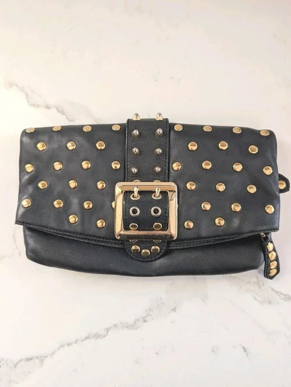 Besso Black Leather Clutch Gold Studded Buckle Fold Over Bag 10.5x6 Grunge...